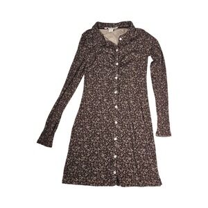 American Eagle Womens Brown Floral Ribbed Button Front Long Sleeve Mini Dress S